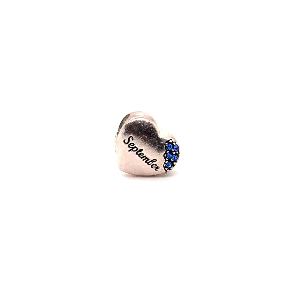 Sterling Silver September Heart Charm Blue Crystal Birthstone Bead 925